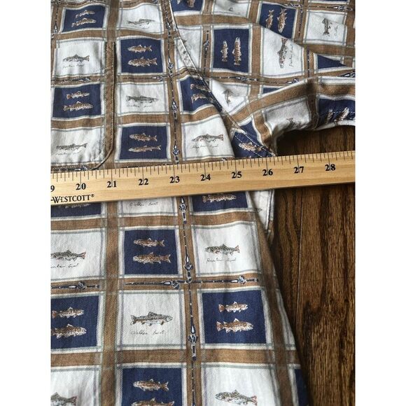 Vintage Woolrich Button Up Shirt Mens 2 XL Brown Blue Fish Print Made in USA - Picture 6 of 8